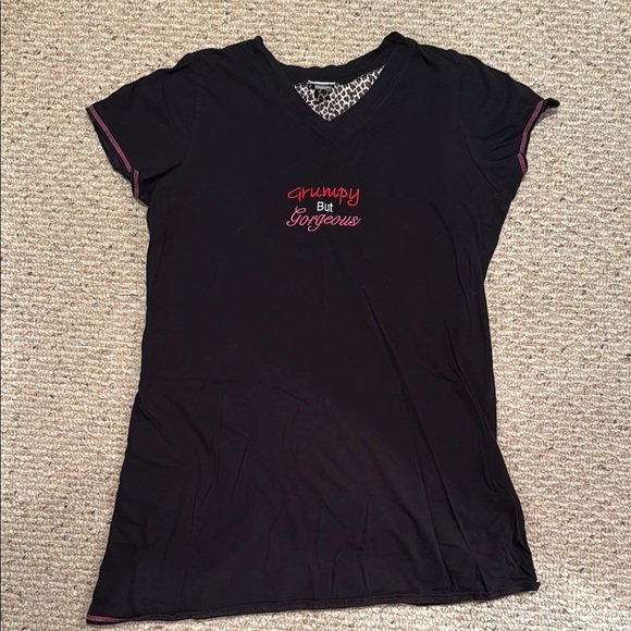 Black Gown Sleepwear with Pink/Red Embroidery, side slit, Size 1X (XL), Preowned - Picture 1 of 9